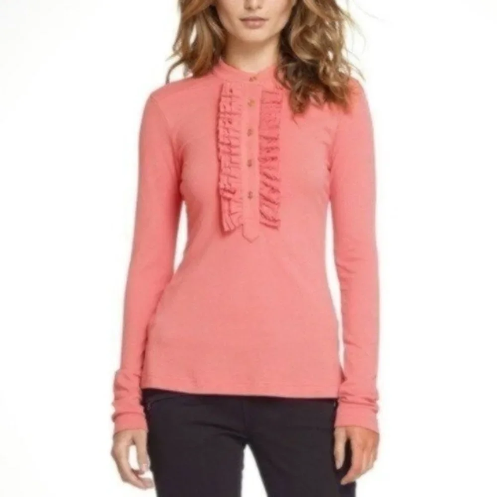 Tory Burch Coral Romilly Polo Long Sleeve Top Ruffled Preppy Chic Size Small
